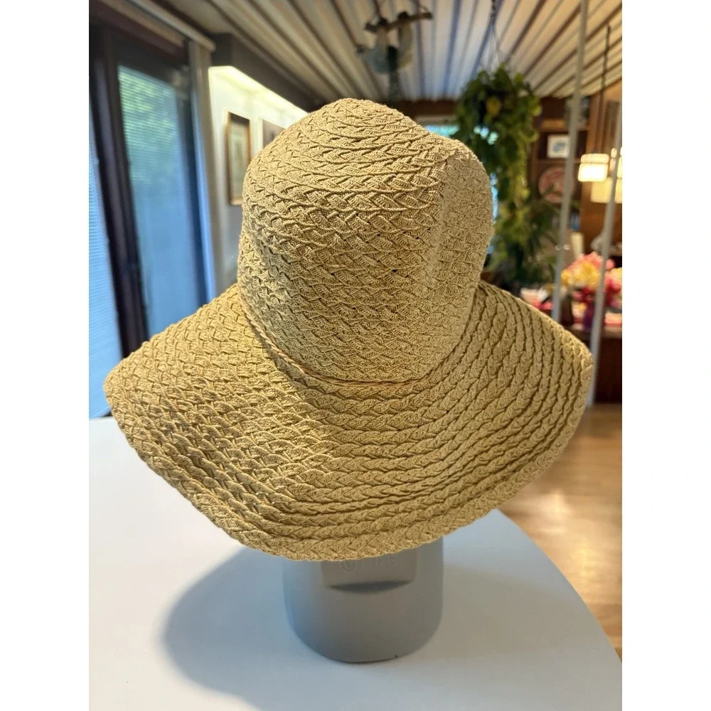 Talbots Woven Straw Sun Hat Wide Brim Paper Cotton Blend With Bow‎ Natural Tan